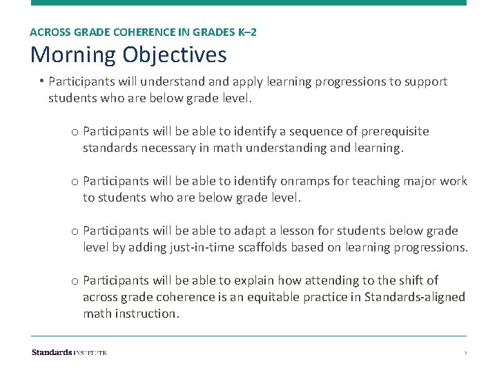 ACROSS GRADE COHERENCE IN GRADES K– 2 Morning Objectives • Participants will understand apply