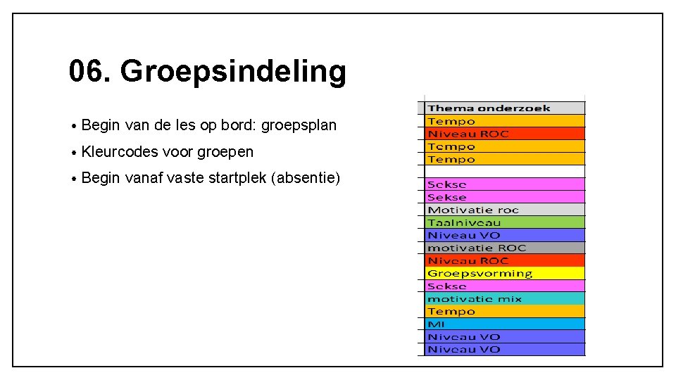 06. Groepsindeling • Begin van de les op bord: groepsplan • Kleurcodes voor groepen 06. Groepsindeling • Begin van de les op bord: groepsplan • Kleurcodes voor groepen