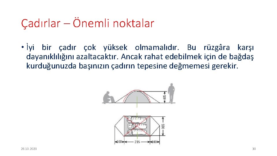 Çadırlar – Önemli noktalar • İyi bir çadır çok yüksek olmamalıdır. Bu rüzgâra karşı