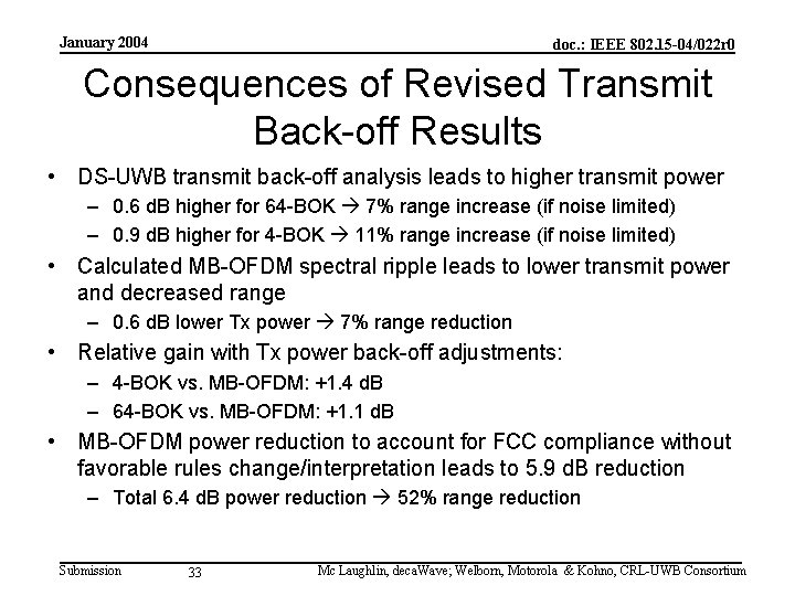 January 2004 doc. : IEEE 802. 15 -04/022 r 0 Consequences of Revised Transmit