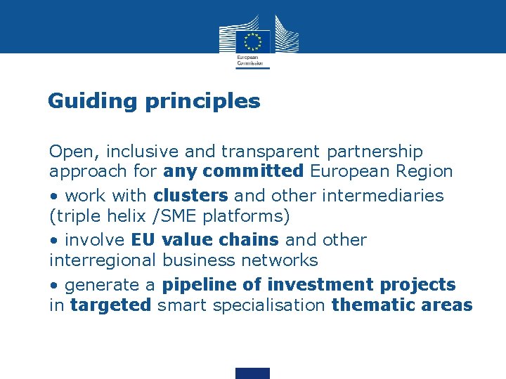 Guiding principles • Open, inclusive and transparent partnership approach for any committed European Region