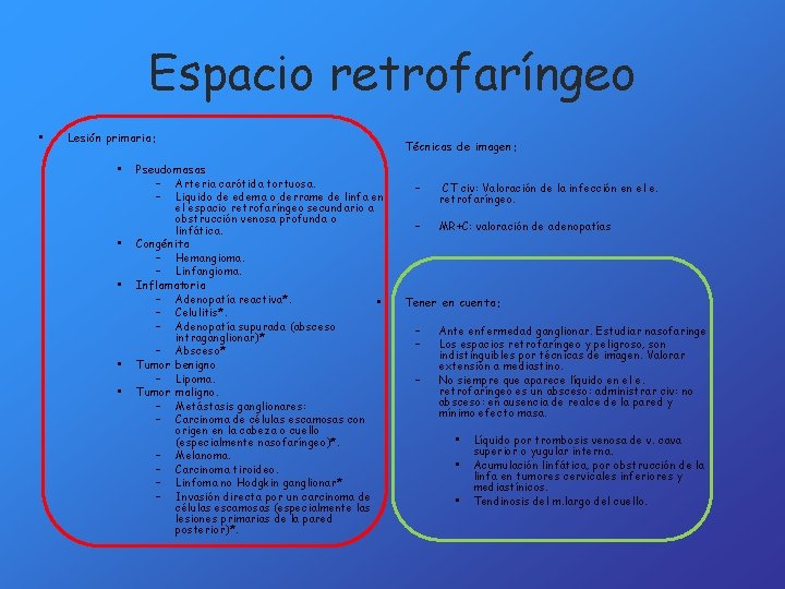 Espacio retrofaríngeo • Lesión primaria: • • • Pseudomasas – Arteria carótida tortuosa. –