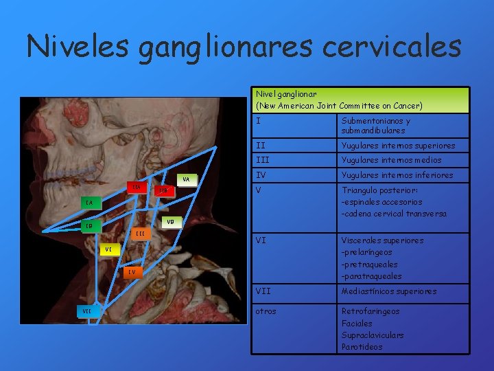 Niveles gang lionares cervicales Nivel ganglionar (New American Joint Committee on Cancer) VA IIB