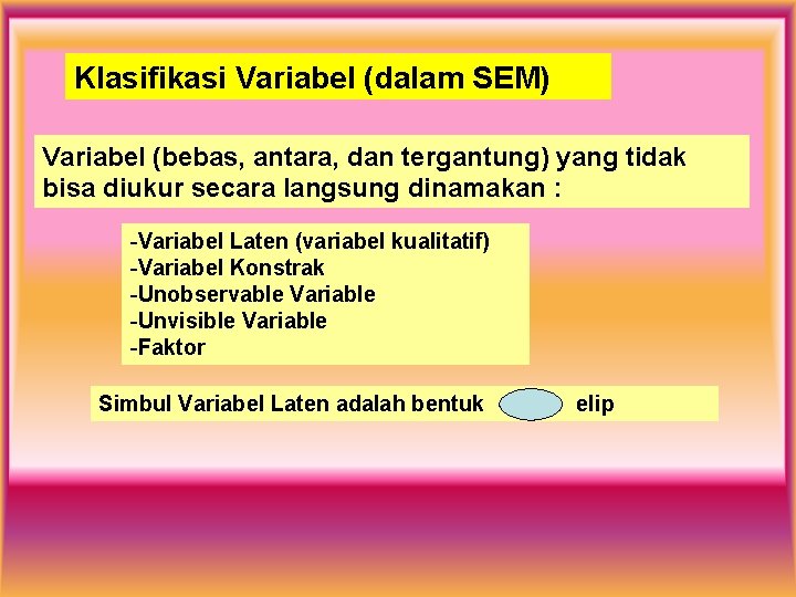 Klasifikasi Variabel (dalam SEM) Variabel (bebas, antara, dan tergantung) yang tidak bisa diukur secara