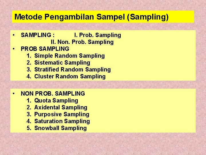 Metode Pengambilan Sampel (Sampling) • • • SAMPLING : I. Prob. Sampling II. Non.