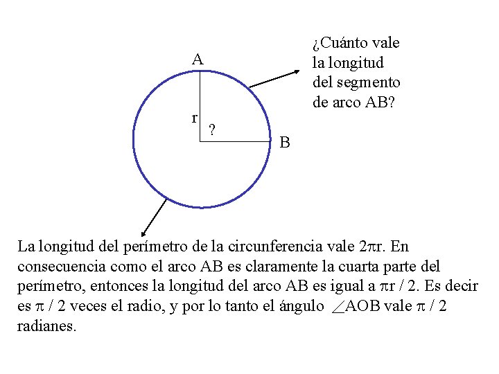 ¿Cuánto vale la longitud del segmento de arco AB? A r ? B La ¿Cuánto vale la longitud del segmento de arco AB? A r ? B La