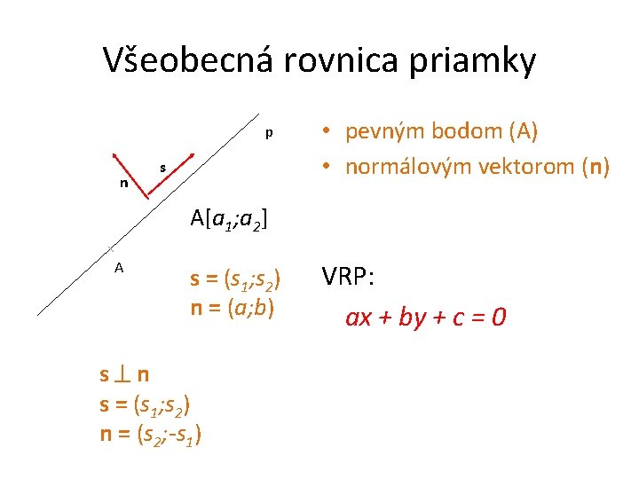 Všeobecná rovnica priamky p n s • pevným bodom (A) • normálovým vektorom (n)