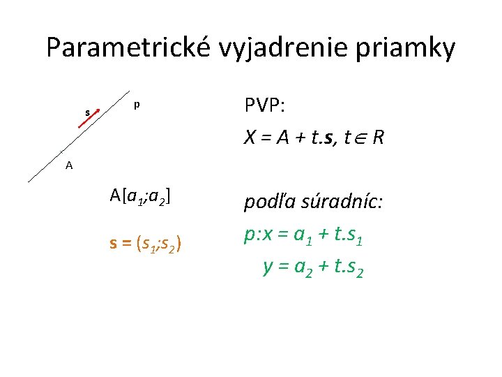 Parametrické vyjadrenie priamky s p PVP: X = A + t. s, t R