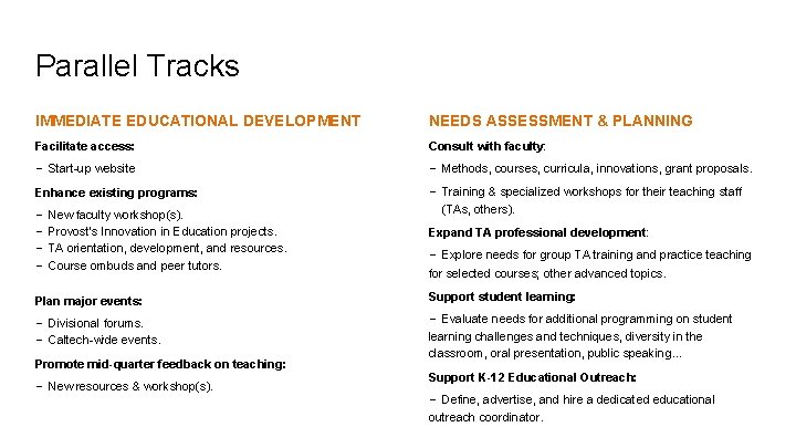Parallel Tracks IMMEDIATE EDUCATIONAL DEVELOPMENT NEEDS ASSESSMENT & PLANNING Facilitate access: Consult with faculty: Parallel Tracks IMMEDIATE EDUCATIONAL DEVELOPMENT NEEDS ASSESSMENT & PLANNING Facilitate access: Consult with faculty:
