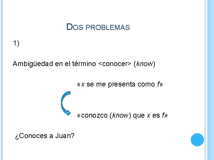DOS PROBLEMAS 1) Ambigüedad en el término <conocer> (know) «x se me presenta como DOS PROBLEMAS 1) Ambigüedad en el término <conocer> (know) «x se me presenta como