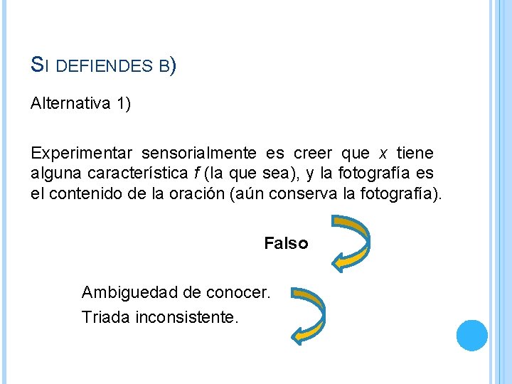 SI DEFIENDES B) Alternativa 1) Experimentar sensorialmente es creer que x tiene alguna característica SI DEFIENDES B) Alternativa 1) Experimentar sensorialmente es creer que x tiene alguna característica