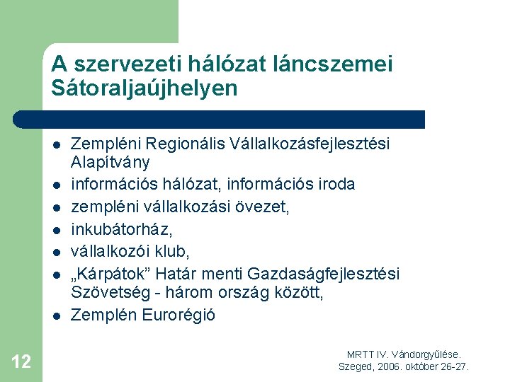 A szervezeti hálózat láncszemei Sátoraljaújhelyen l l l l 12 Zempléni Regionális Vállalkozásfejlesztési Alapítvány