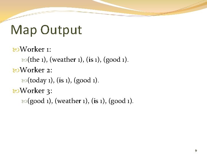 Map Output Worker 1: (the 1), (weather 1), (is 1), (good 1). Worker 2: