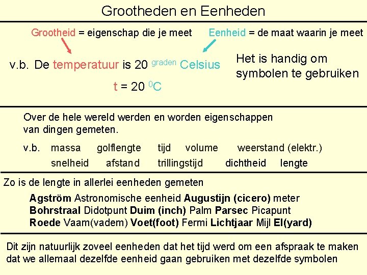 Grootheden en Eenheden Grootheid = eigenschap die je meet Eenheid = de maat waarin