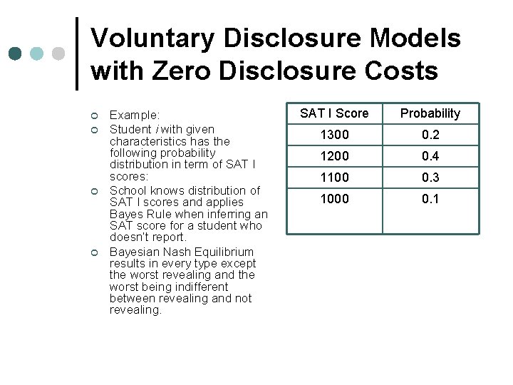 Voluntary Disclosure Models with Zero Disclosure Costs ¢ ¢ Example: Student i with given