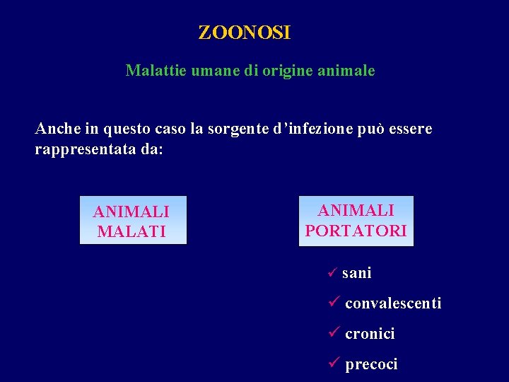 ZOONOSI Malattie umane di origine animale Anche in questo caso la sorgente d’infezione può