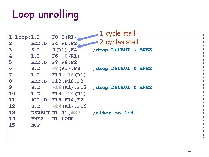 Loop unrolling 1 Loop: L. D 2 ADD. D 3 S. D 4 L.