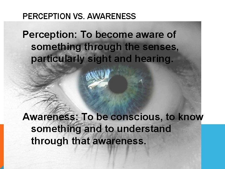 PERCEPTION VS. AWARENESS Perception: To become aware of something through the senses, particularly sight PERCEPTION VS. AWARENESS Perception: To become aware of something through the senses, particularly sight