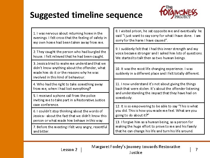 Suggested timeline sequence 1. I was nervous about returning home in the evenings. I