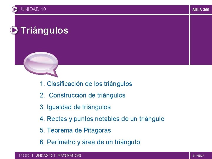 UNIDAD 10 AULA 360 Triángulos 1. Clasificación de los triángulos 2. Construcción de triángulos
