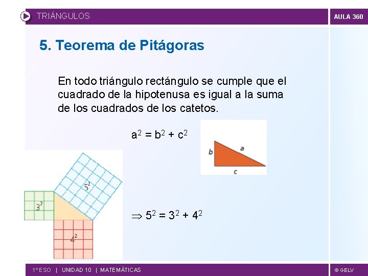 TRIÁNGULOS AULA 360 5. Teorema de Pitágoras En todo triángulo rectángulo se cumple que
