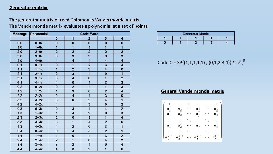 Generator matrix: The generator matrix of reed-Solomon is Vandermonde matrix. The Vandermonde matrix evaluates