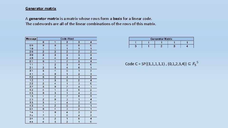 Generator matrix A generator matrix is a matrix whose rows form a basis for