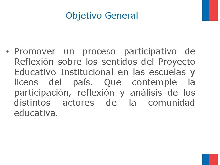 Objetivo General • Promover un proceso participativo de Reflexión sobre los sentidos del Proyecto