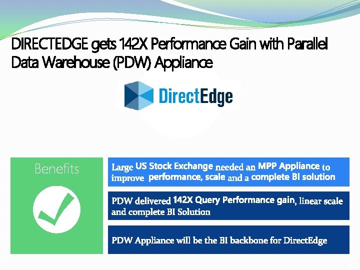 DIRECTEDGE gets 142 X Performance Gain with Parallel Data Warehouse (PDW) Appliance Benefits 42
