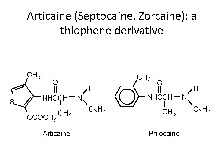 Articaine (Septocaine, Zorcaine): a thiophene derivative CH 3 S CH 3 O NHCCH COOCH