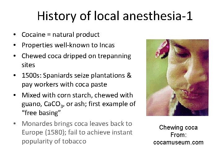 History of local anesthesia-1 • Cocaine = natural product • Properties well-known to Incas