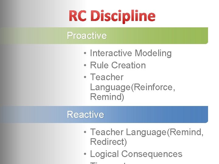RC Discipline Proactive • Interactive Modeling • Rule Creation • Teacher Language(Reinforce, Remind) Reactive