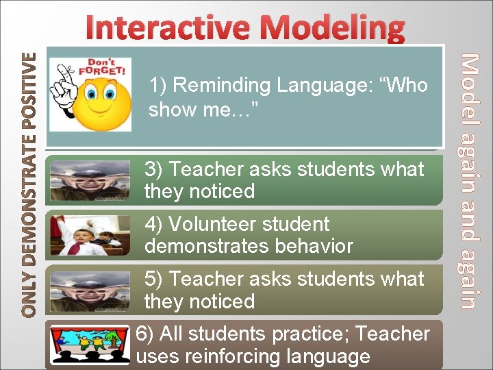 Interactive Modeling 3) Teacher asks students what they noticed 4) Volunteer student demonstrates behavior