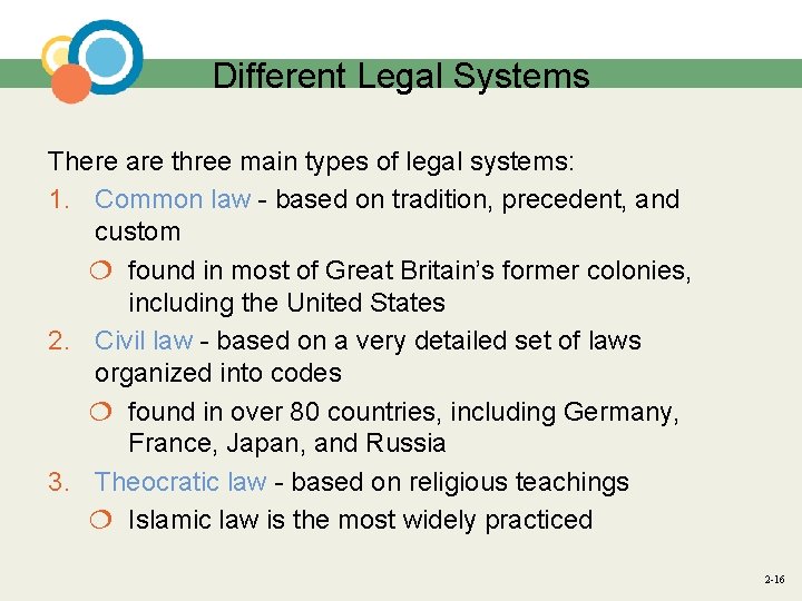 Different Legal Systems There are three main types of legal systems: 1. Common law