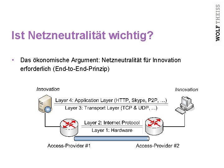 Ist Netzneutralität wichtig? • Das ökonomische Argument: Netzneutralität für Innovation erforderlich (End-to-End-Prinzip) Grundlagen des