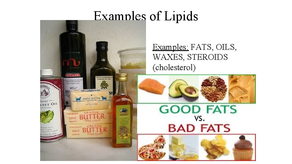 Examples of Lipids Examples: FATS, OILS, WAXES, STEROIDS (cholesterol) 