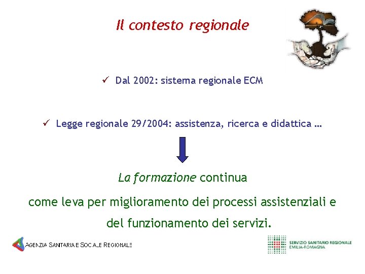 Il contesto regionale ü Dal 2002: sistema regionale ECM ü Legge regionale 29/2004: assistenza,