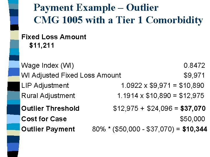 Payment Example – Outlier CMG 1005 with a Tier 1 Comorbidity Fixed Loss Amount