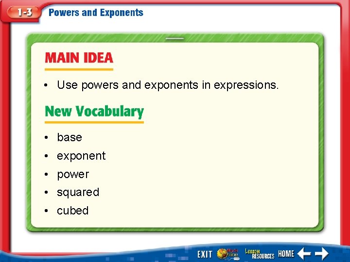  • Use powers and exponents in expressions. • base • exponent • power