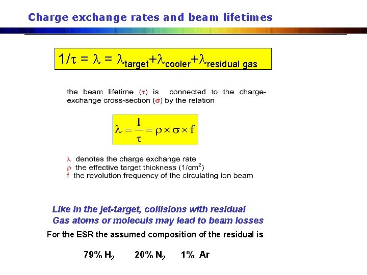 Charge exchange rates and beam lifetimes 1/ = = target+ cooler+ residual gas Like