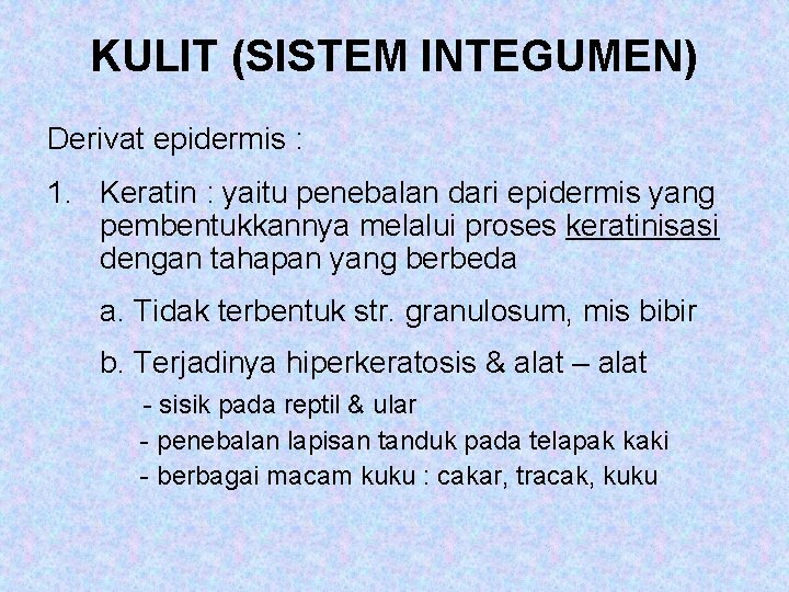 KULIT (SISTEM INTEGUMEN) Derivat epidermis : 1. Keratin : yaitu penebalan dari epidermis yang