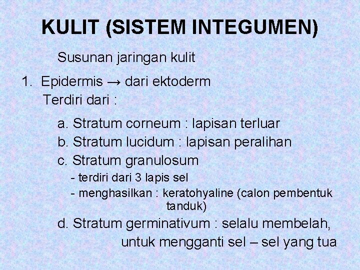 KULIT (SISTEM INTEGUMEN) Susunan jaringan kulit 1. Epidermis → dari ektoderm Terdiri dari :