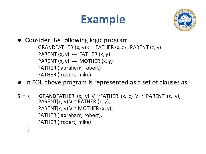 Example ● Consider the following logic program. GRANDFATHER (x, y) FATHER (x, z) ,