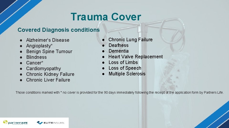 Trauma Covered Diagnosis conditions ● ● ● ● Alzheimer’s Disease Angioplasty* Benign Spine Tumour