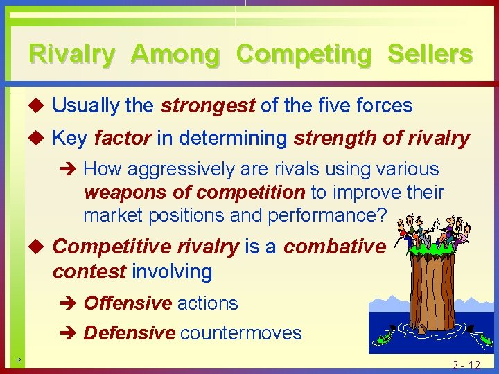 Rivalry Among Competing Sellers u Usually the strongest of the five forces u Key