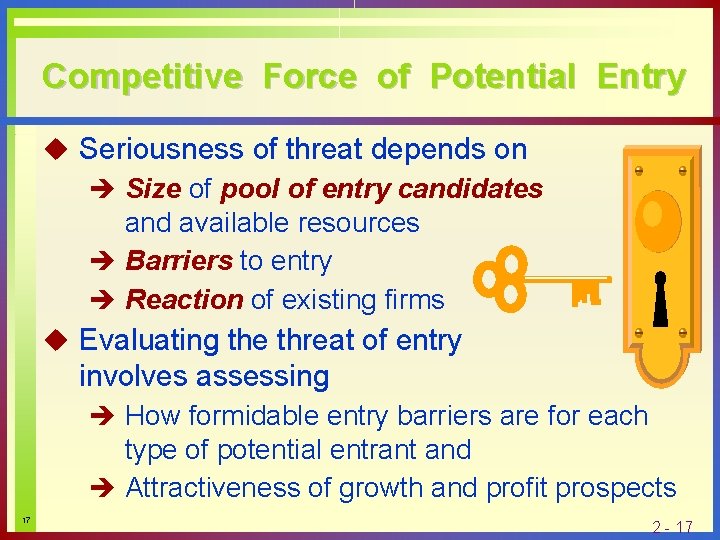 Competitive Force of Potential Entry u Seriousness of threat depends on è Size of