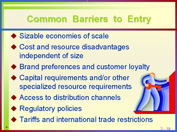 Common Barriers to Entry u Sizable economies of scale u Cost and resource disadvantages