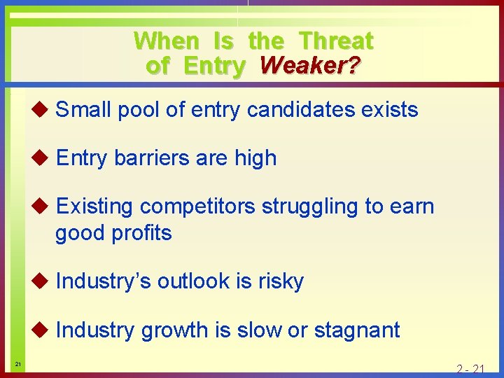 When Is the Threat of Entry Weaker? u Small pool of entry candidates exists