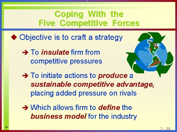 Coping With the Five Competitive Forces u Objective is to craft a strategy è