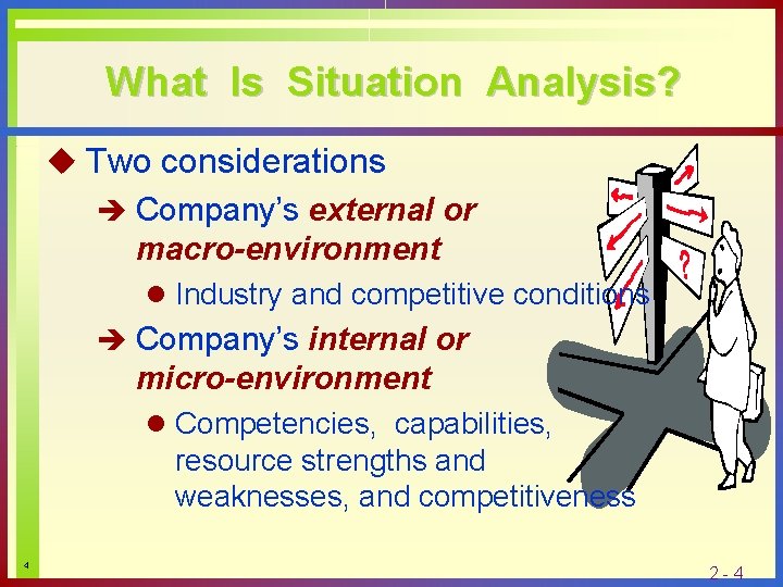 What Is Situation Analysis? u Two considerations è Company’s external or macro-environment l Industry